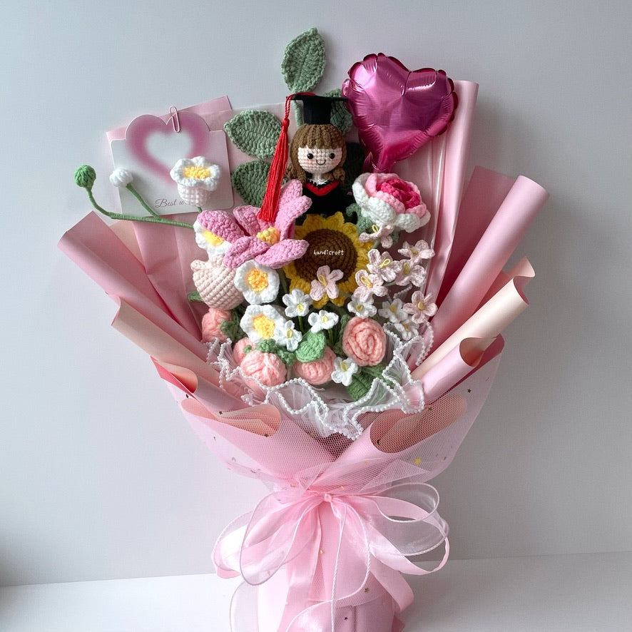 handicroft singapore handmade crochet everlasting graduation flower bouquet cherished memories in 6 colours big pink