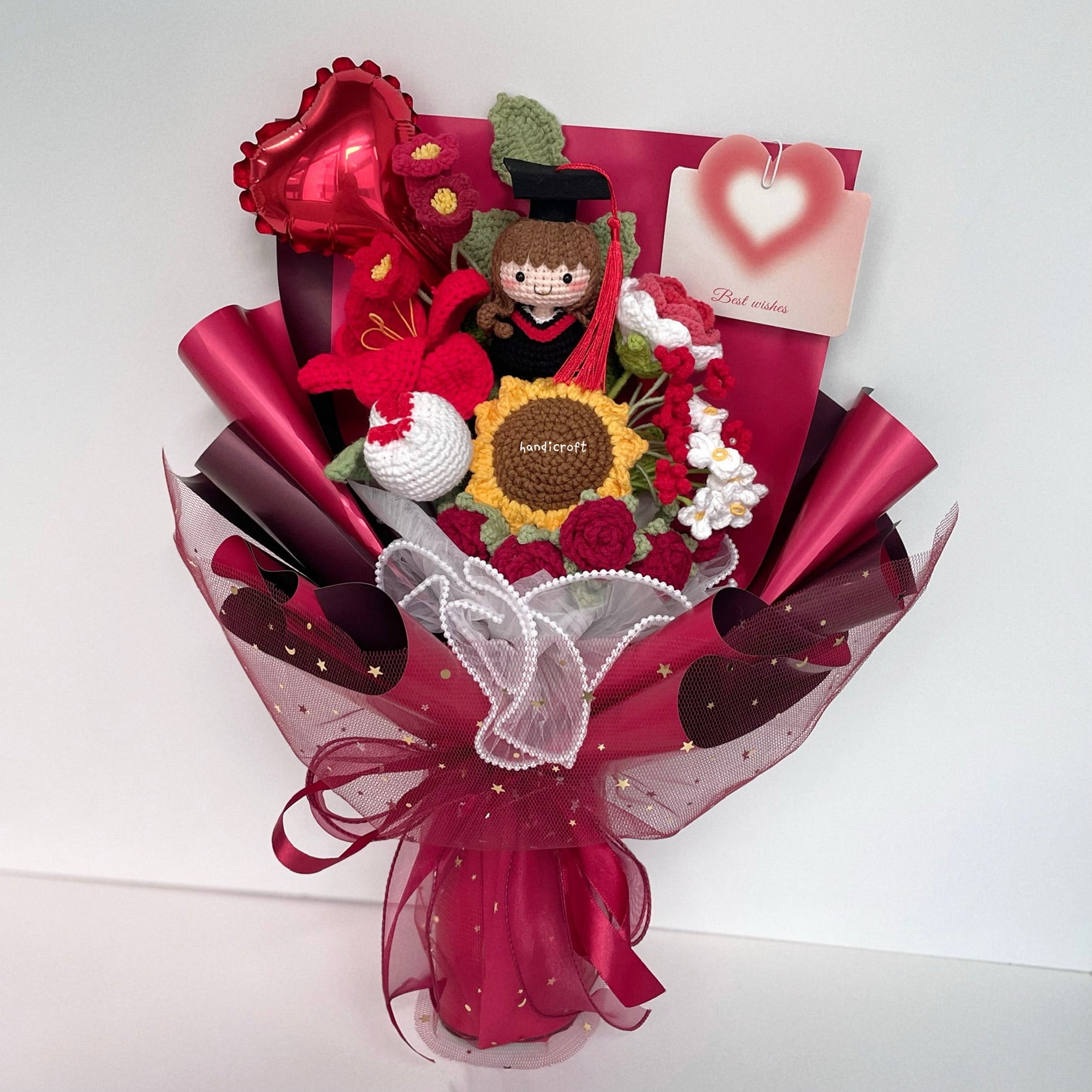 handicroft singapore handmade crochet everlasting graduation flower bouquet cherished memories in 6 colours big red