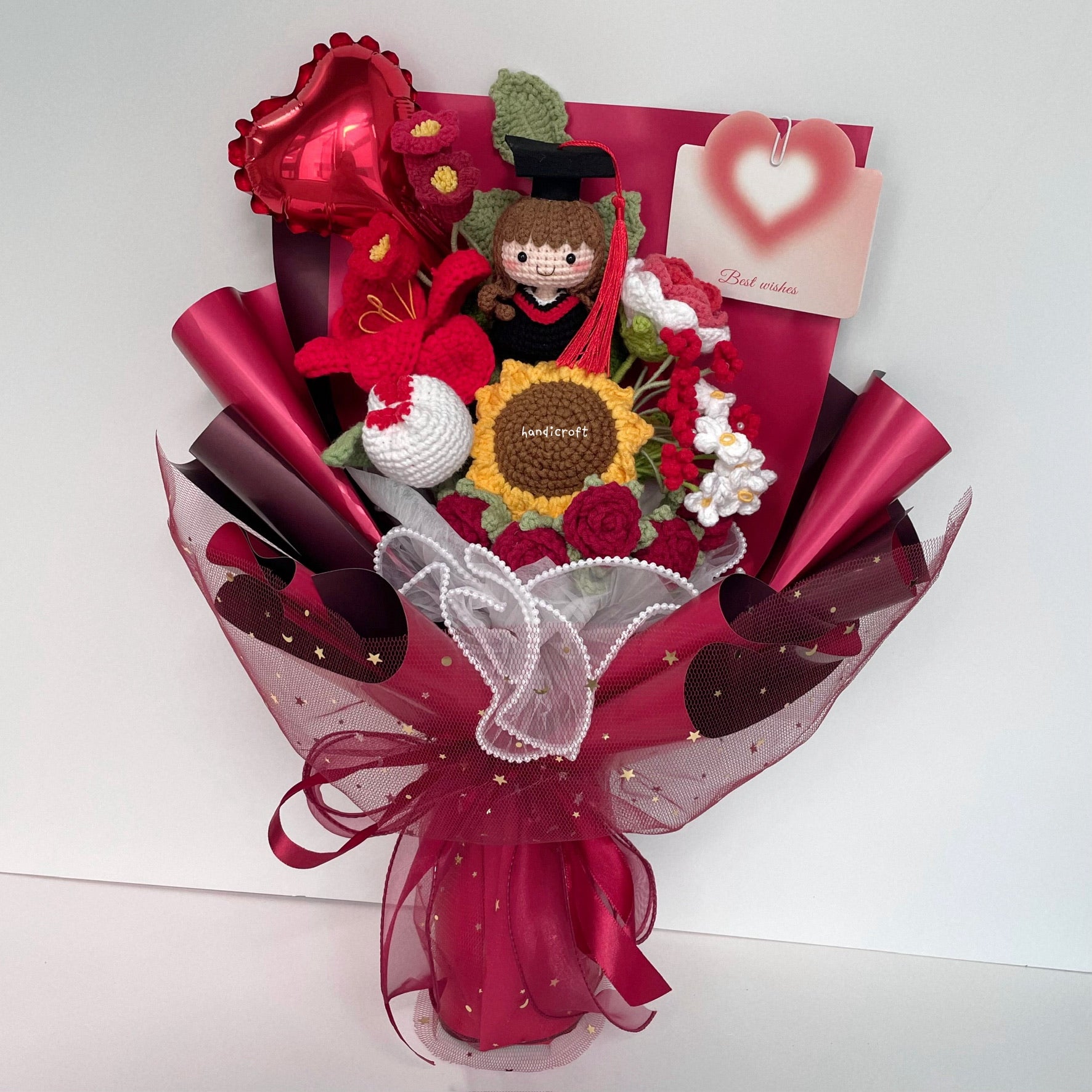 handicroft singapore handmade crochet everlasting graduation flower bouquet cherished memories in 6 colours big red
