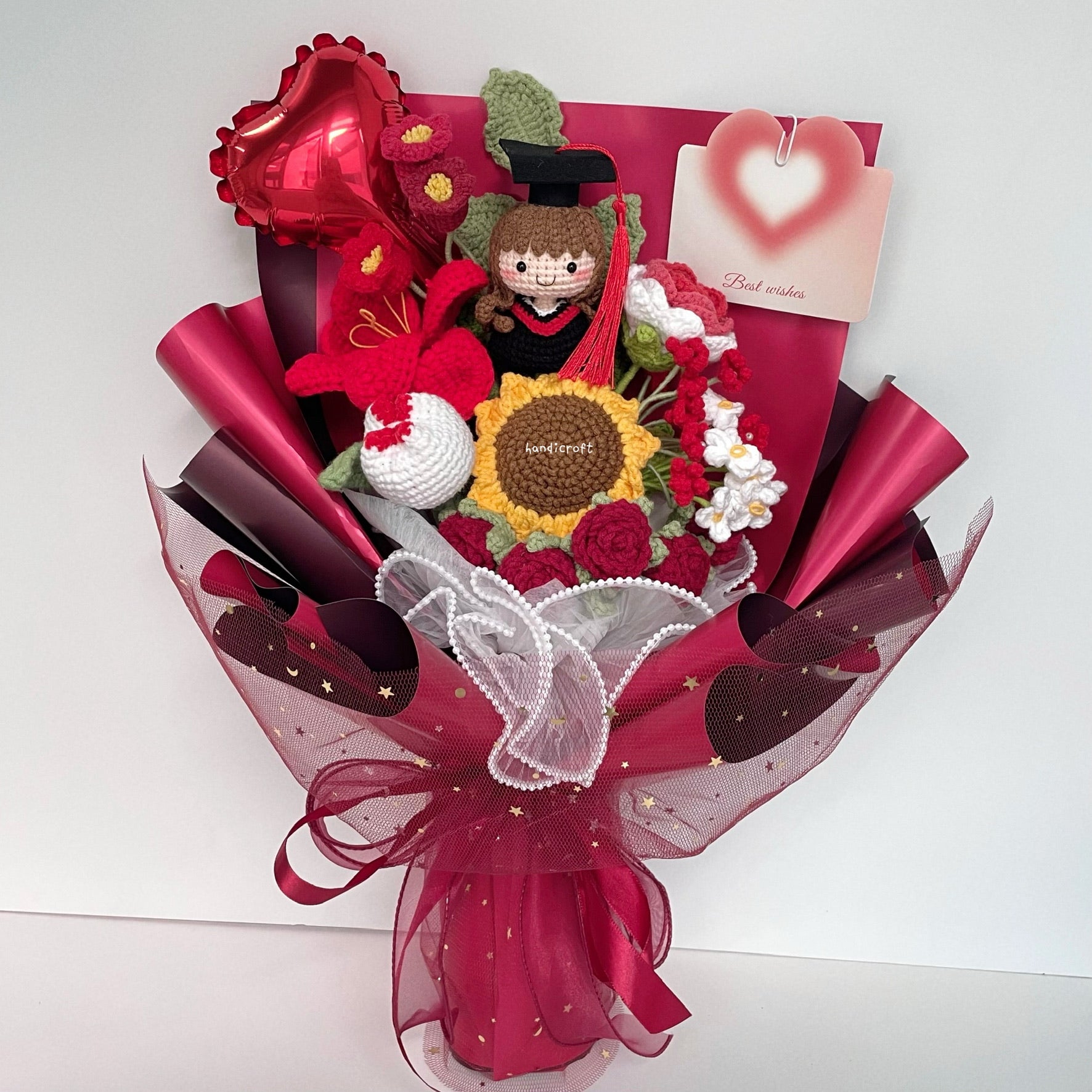 handicroft singapore handmade crochet everlasting graduation flower bouquet cherished memories in 6 colours big red