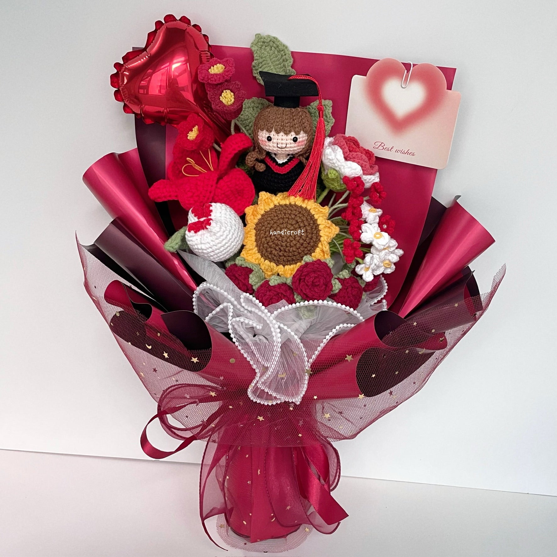 handicroft singapore handmade crochet everlasting graduation flower bouquet cherished memories in 6 colours big red