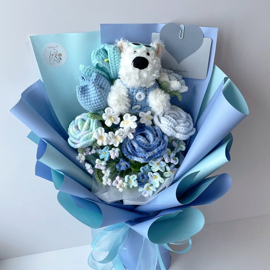 handicroft singapore handmade crochet flower bouquet blue colour theme dog keychain paws & petals