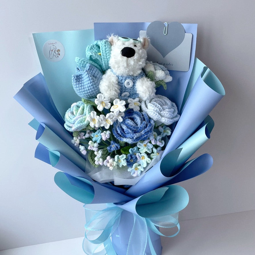 handicroft singapore handmade crochet flower bouquet blue colour theme dog keychain paws & petals