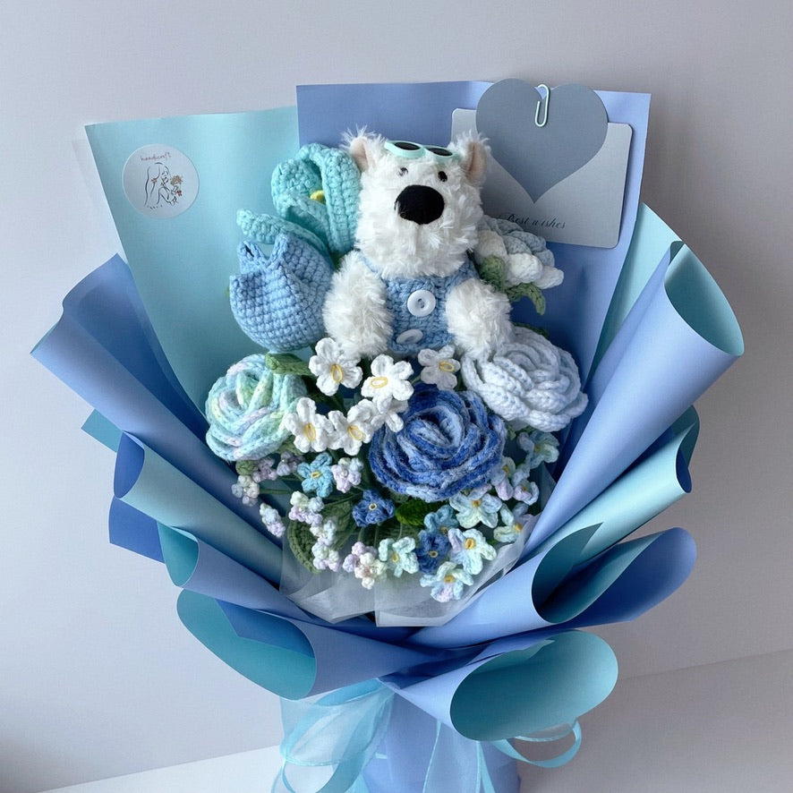 handicroft singapore handmade crochet flower bouquet blue colour theme dog keychain paws & petals