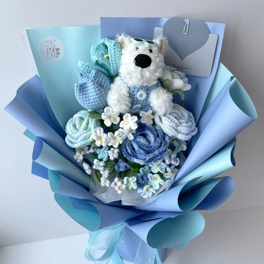 handicroft singapore handmade crochet flower bouquet blue colour theme dog keychain paws & petals