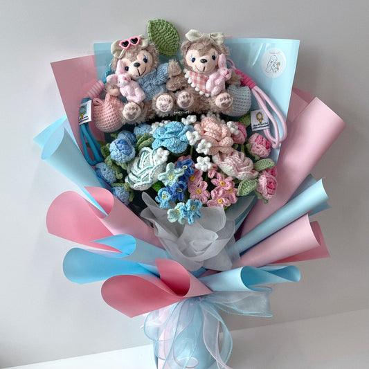handicroft singapore handmade crochet flower bouquet disney shelliemay bear-y in love pink and blue