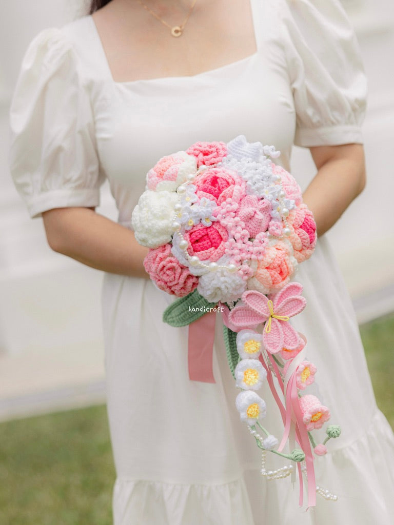handicroft singapore handmade crochet flower bouquet pink bridal cascading wedding bouquet