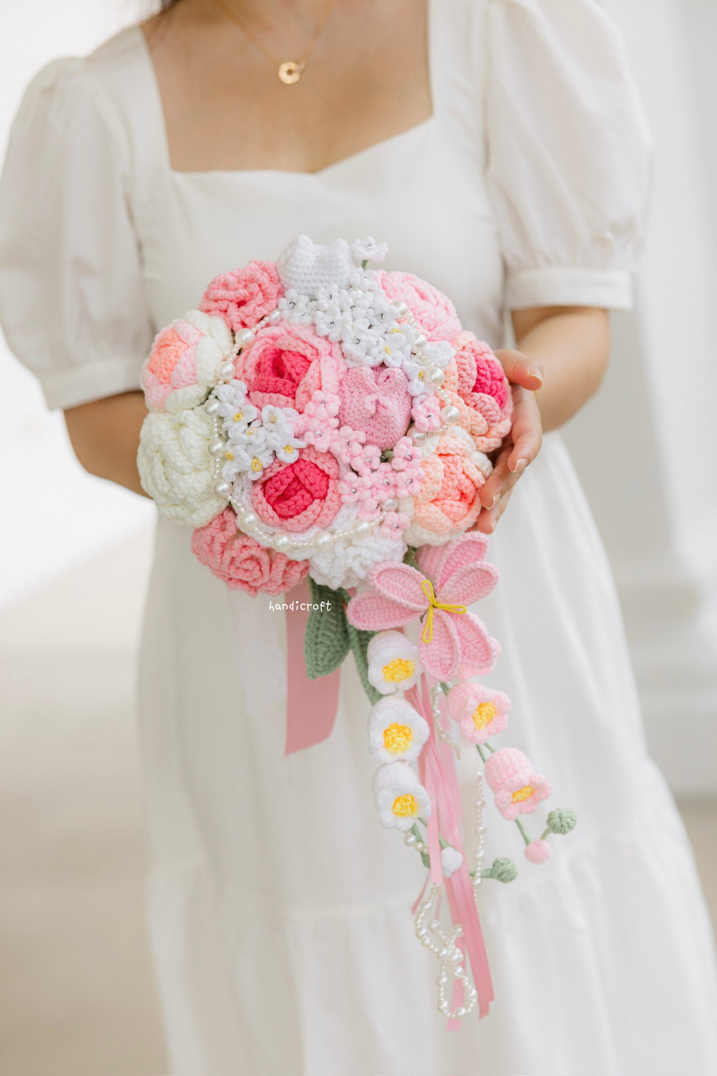 handicroft singapore handmade crochet flower bouquet pink bridal cascading wedding bouquet