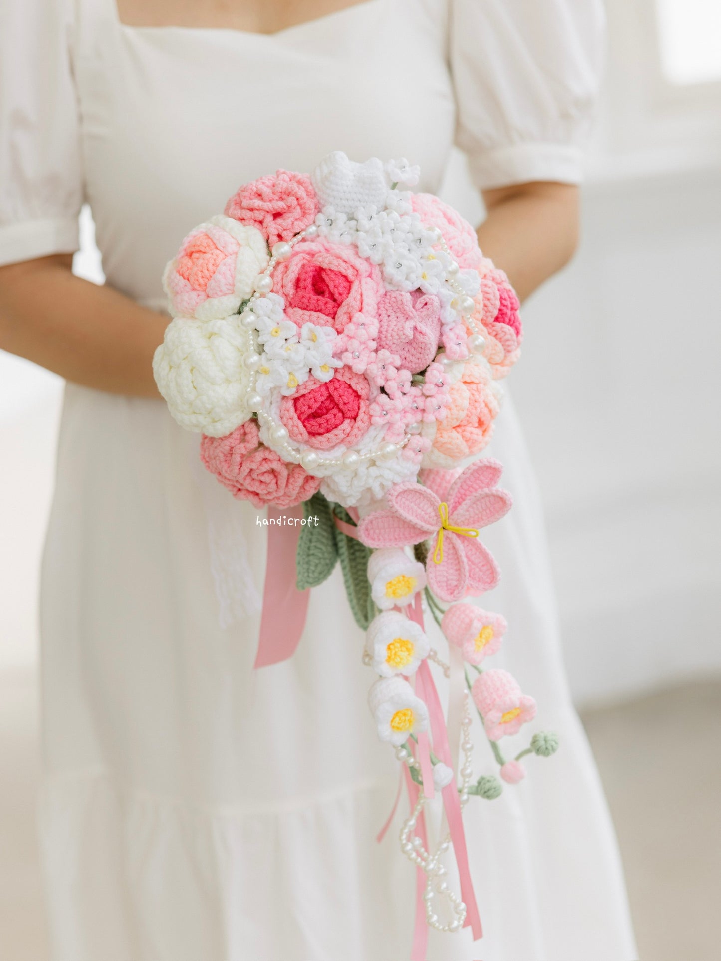 handicroft singapore handmade crochet flower bouquet pink bridal cascading wedding bouquet