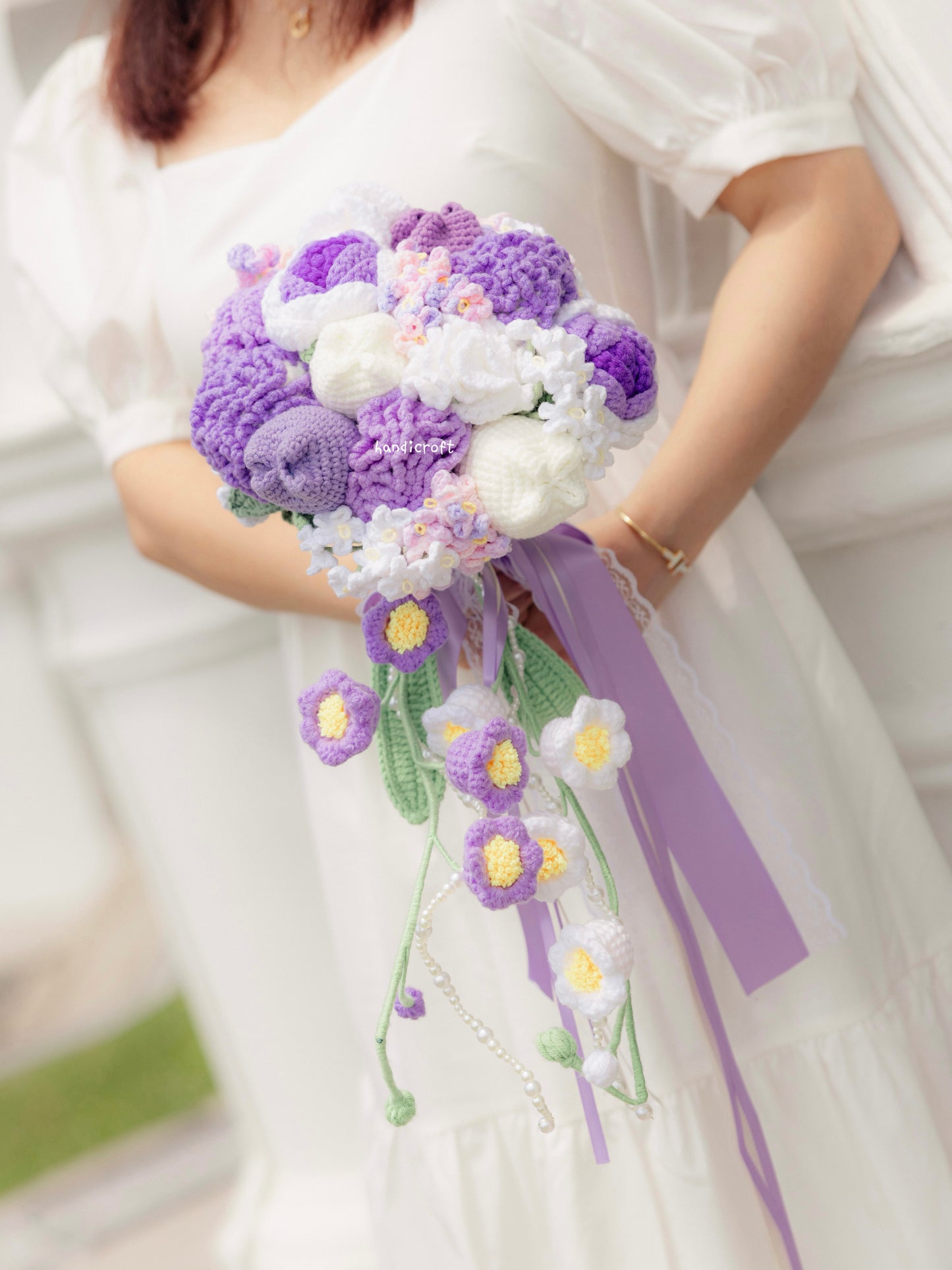 handicroft singapore handmade crochet flower bouquet purple bridal cascading wedding bouquet