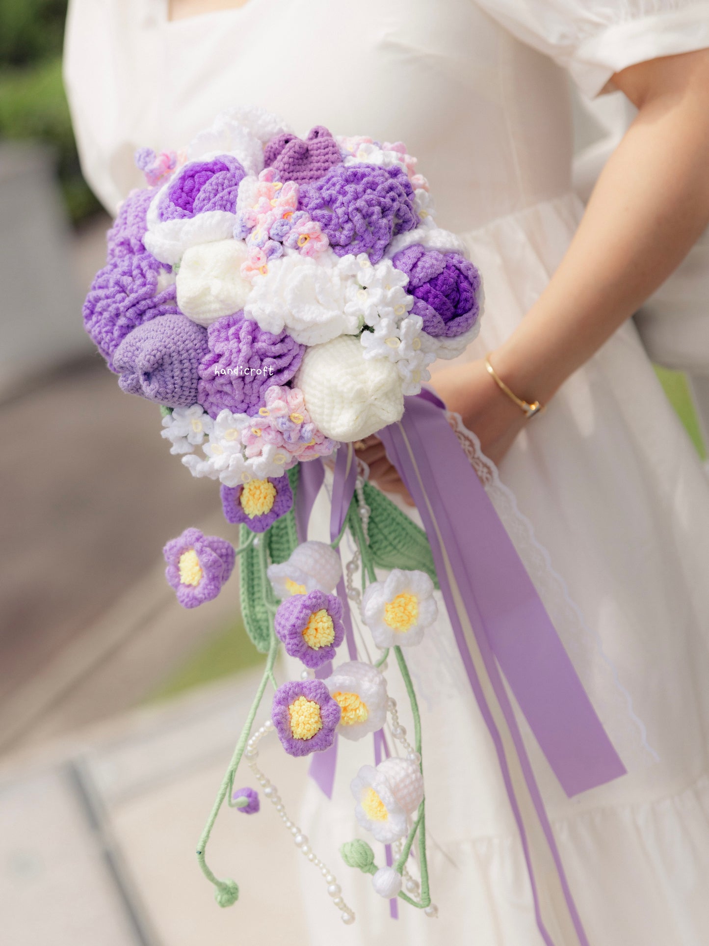 handicroft singapore handmade crochet flower bouquet purple bridal cascading wedding bouquet