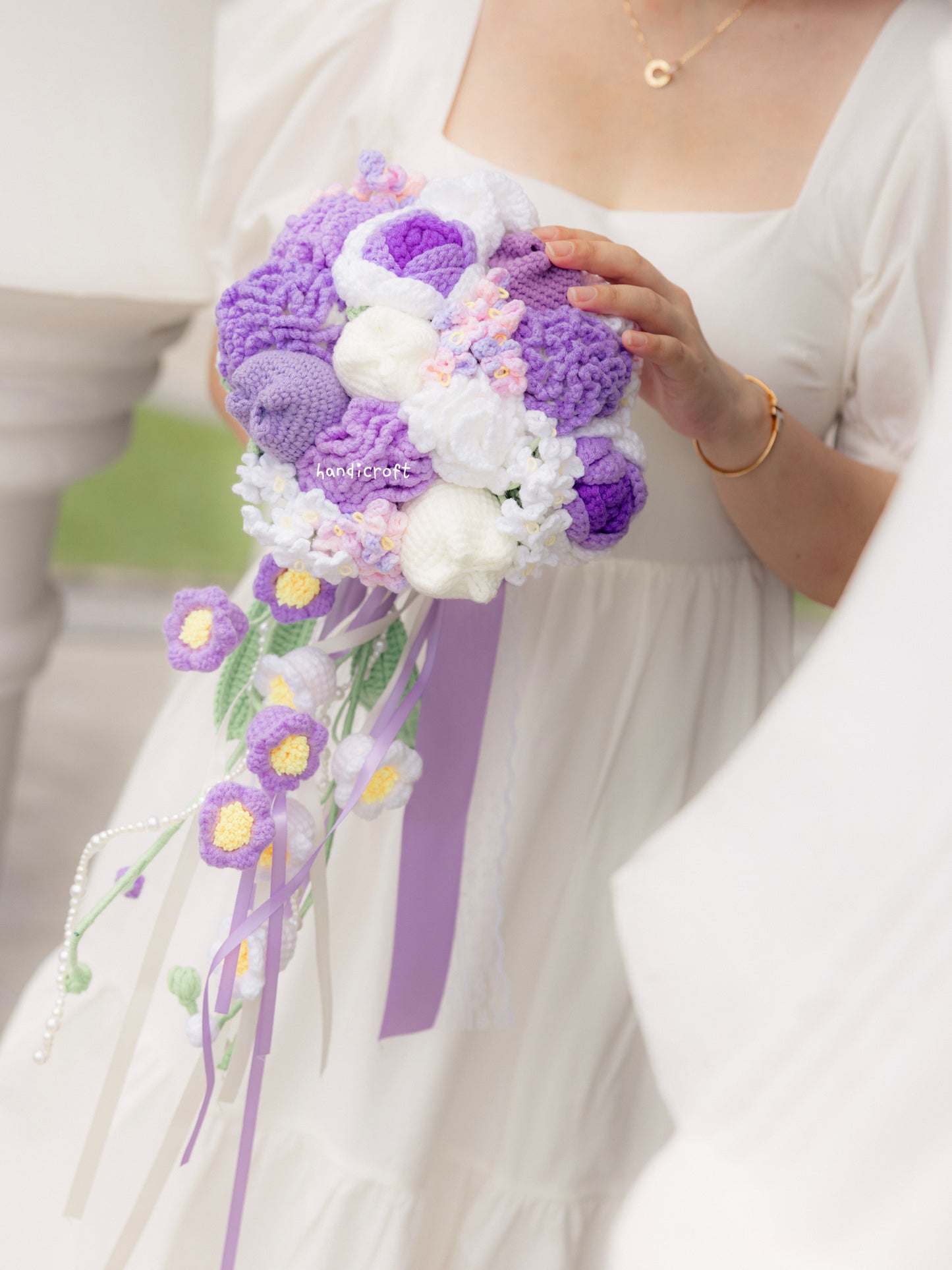 handicroft singapore handmade crochet flower bouquet purple bridal cascading wedding bouquet