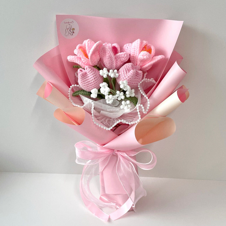 handicroft singapore handmade crochet flower bouquet springtime tulips pink