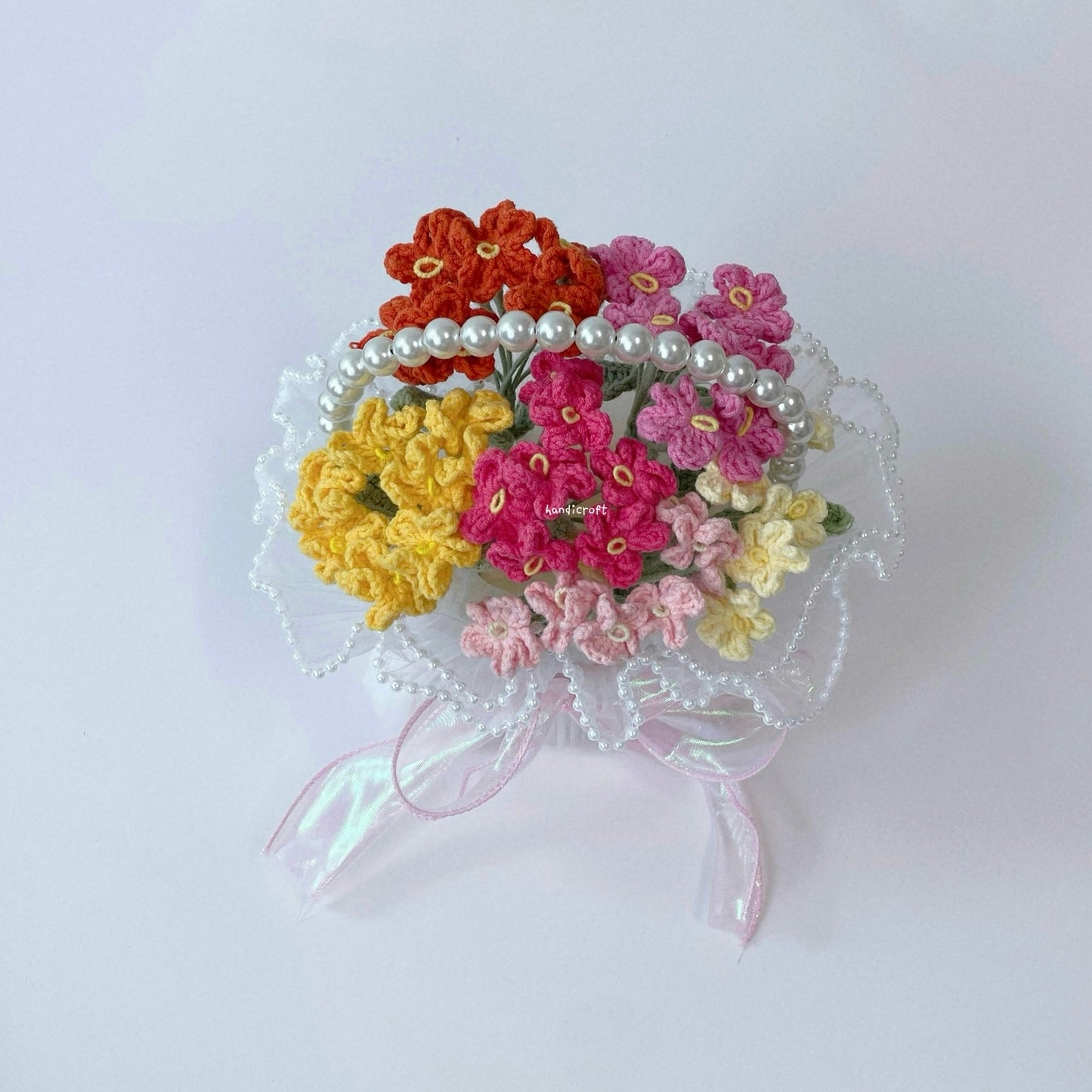 handicroft singapore handmade crochet forget-me-not flower bloom basket in rainbow colours