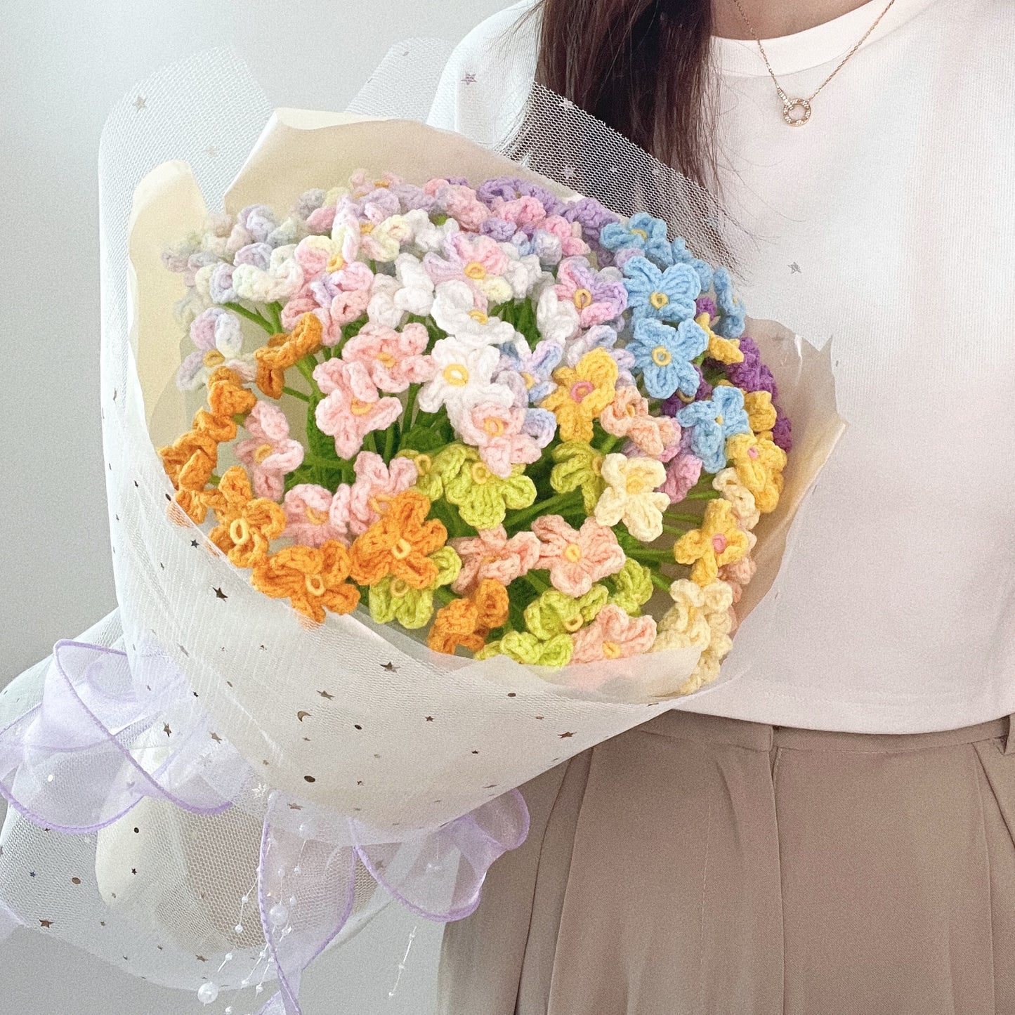 handicroft singapore handmade crochet forget me not flower bouquet rainbow forever in bloom