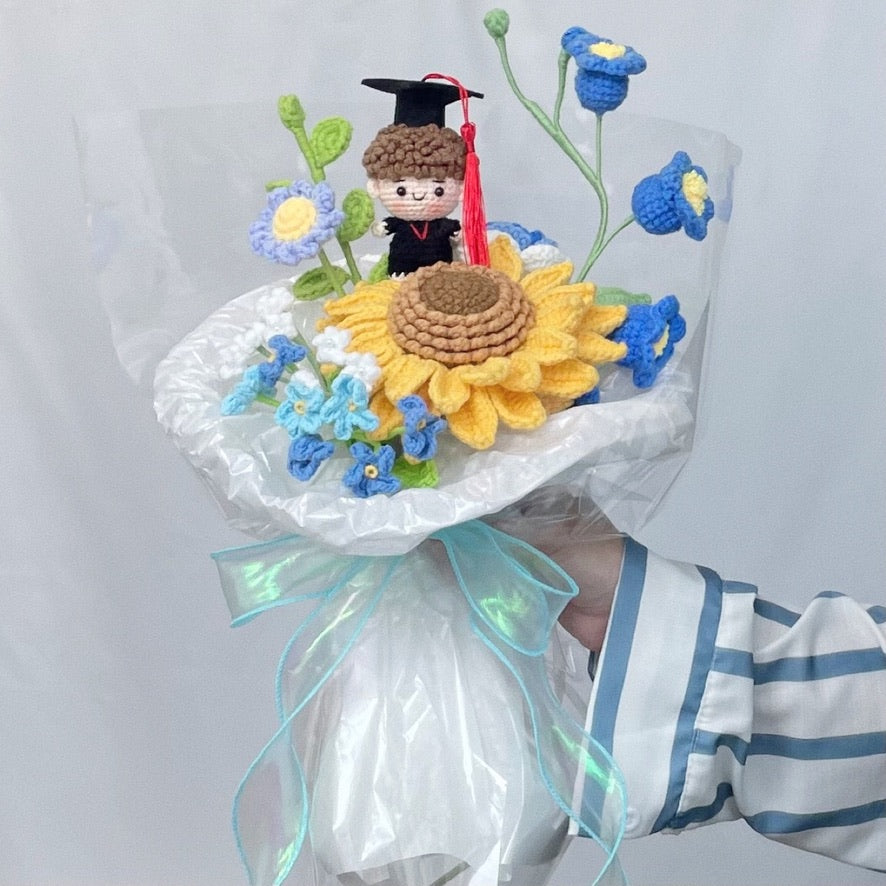 handicroft singapore handmade crochet graduation flower bouquet floral scholar jumbo sunflower blue