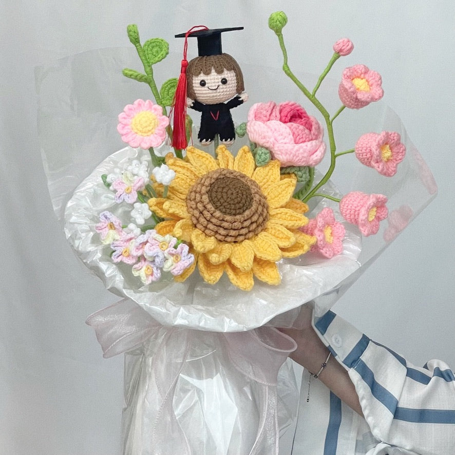 handicroft singapore handmade crochet graduation flower bouquet floral scholar jumbo sunflower pink