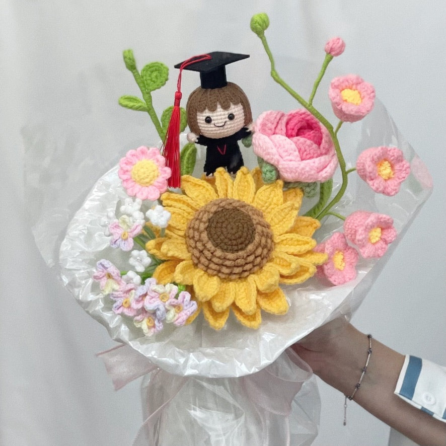 handicroft singapore handmade crochet graduation flower bouquet floral scholar jumbo sunflower pink