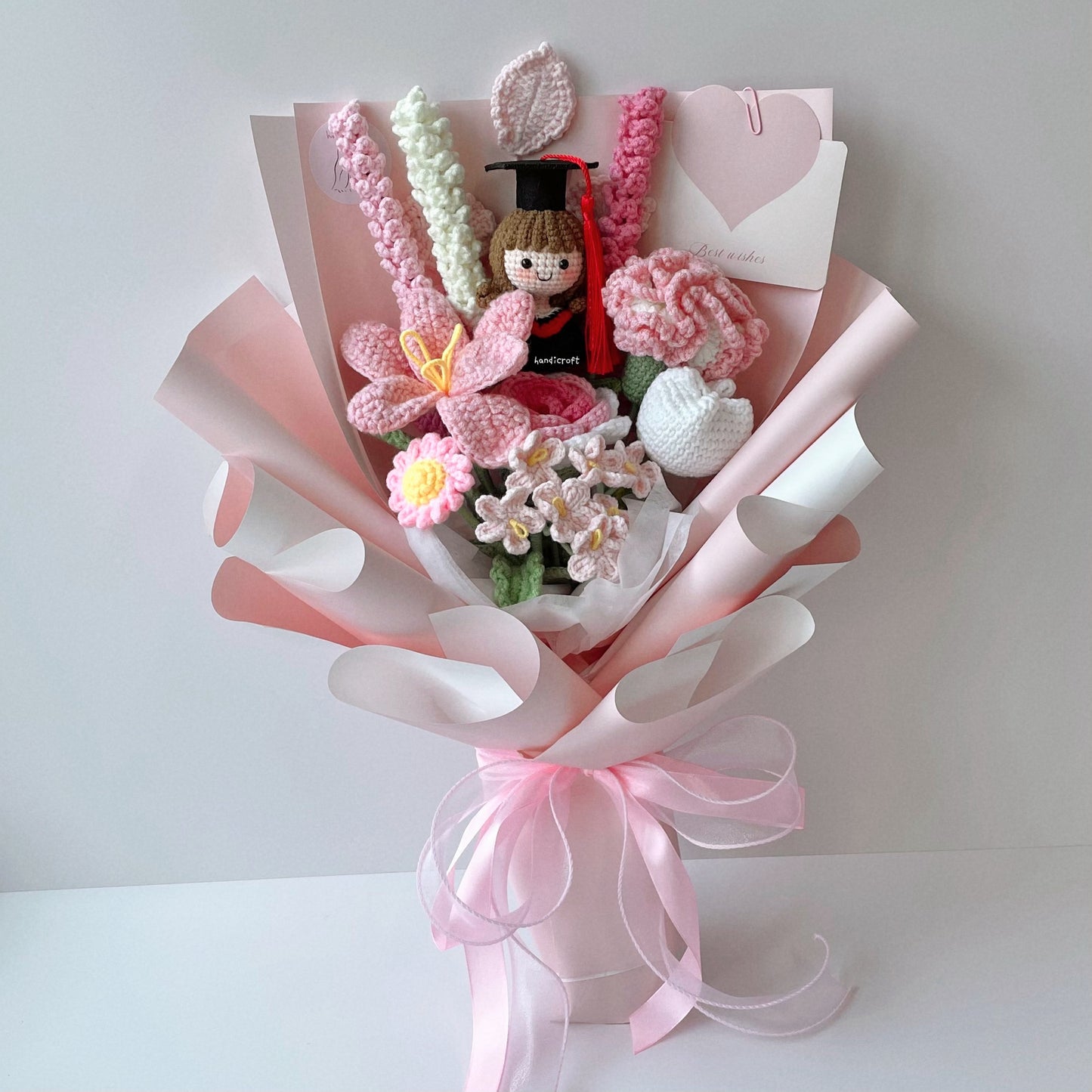 handicroft singapore handmade crochet graduation flower pastel pink and white pink promises