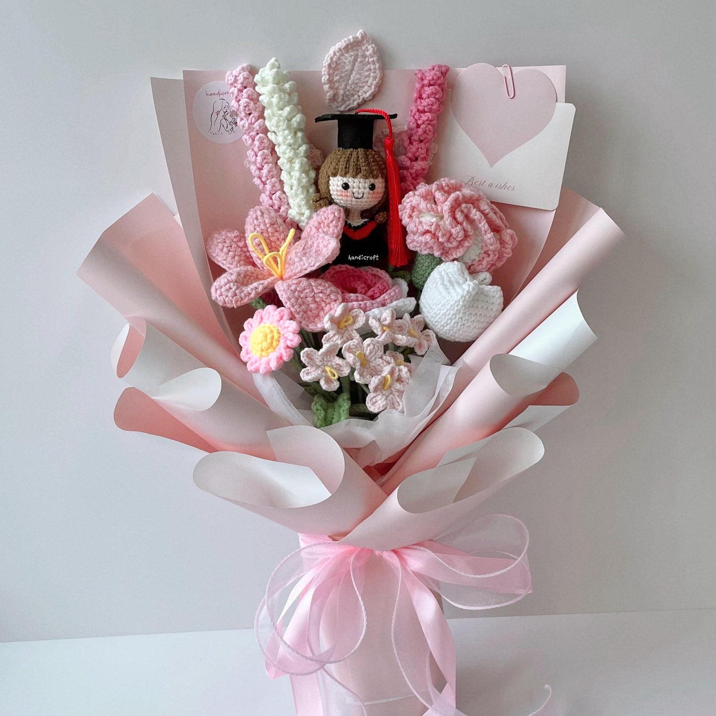handicroft singapore handmade crochet graduation flower pastel pink and white pink promises