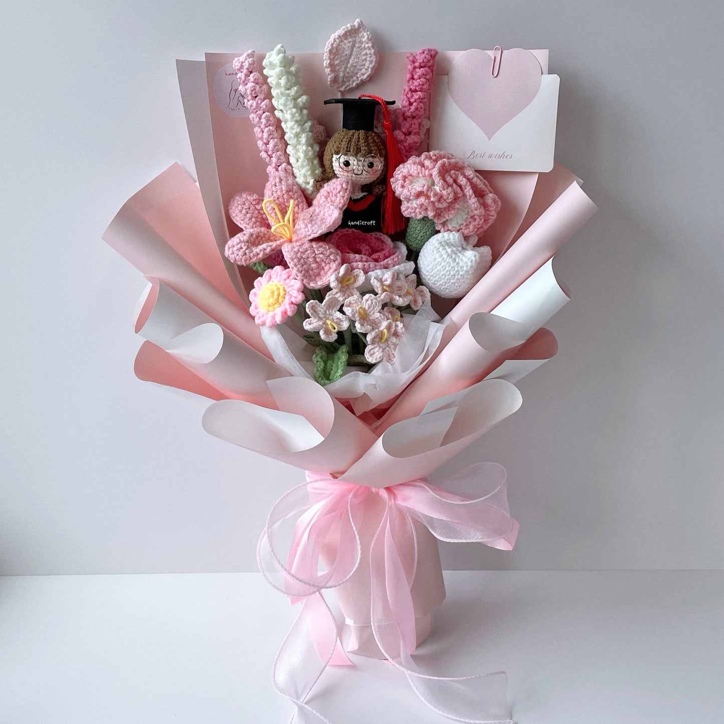 handicroft singapore handmade crochet graduation flower pastel pink and white pink promises