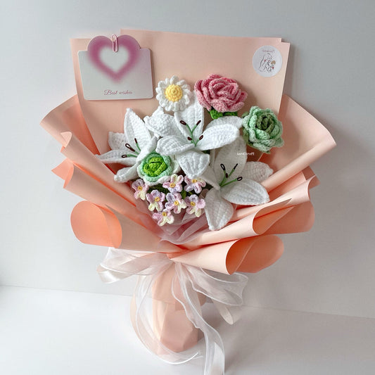 handicroft singapore handmade crochet lily pink and green flower bouquet lily's love in bloom