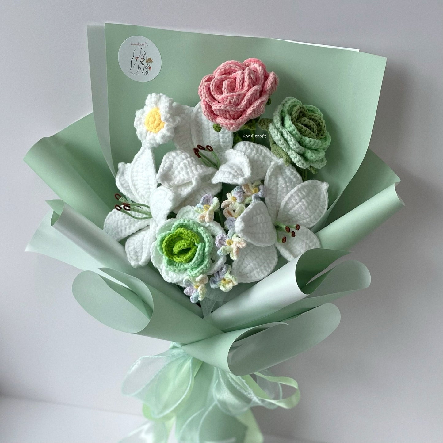 handicroft singapore handmade crochet lily pink and green flower bouquet lily's love in bloom