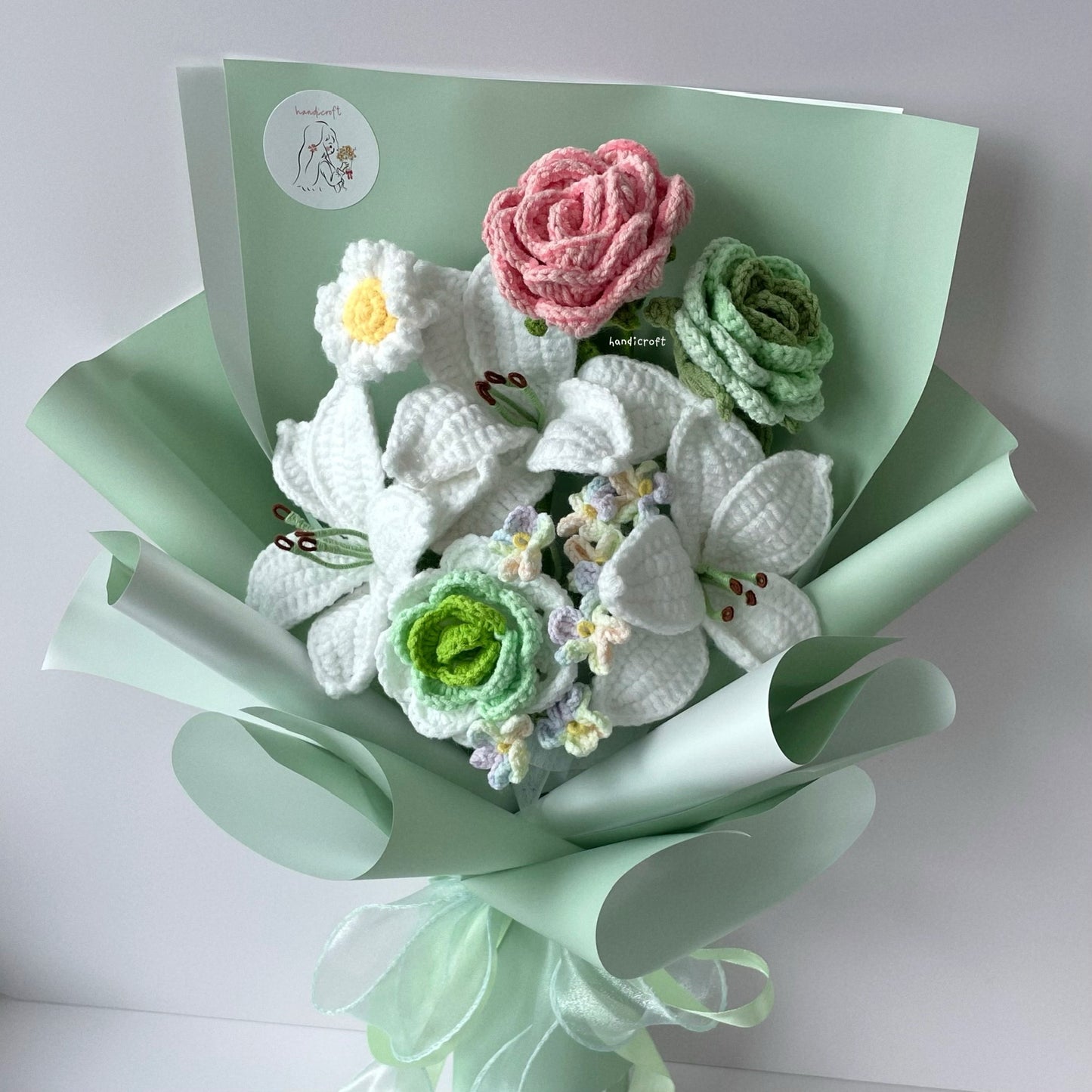 handicroft singapore handmade crochet lily pink and green flower bouquet lily's love in bloom