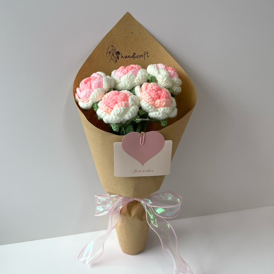 handicroft singapore handmade crochet ombre white pink roses flower bouquet limited time sale