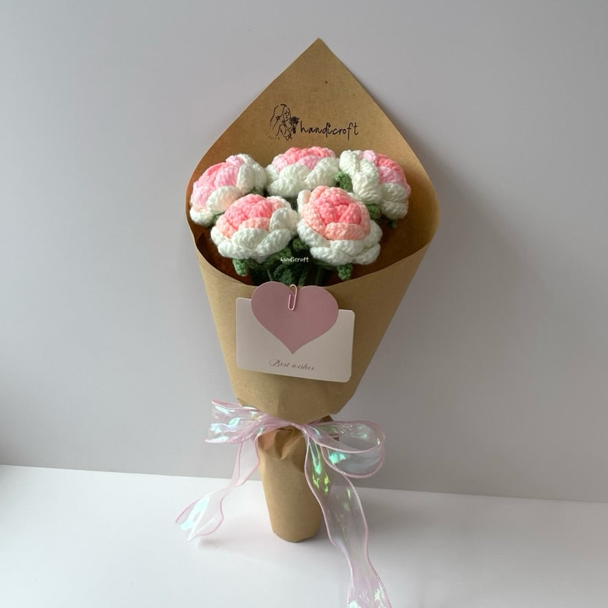handicroft singapore handmade crochet ombre white pink roses flower bouquet limited time sale