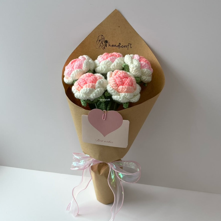 handicroft singapore handmade crochet ombre white pink roses flower bouquet limited time sale