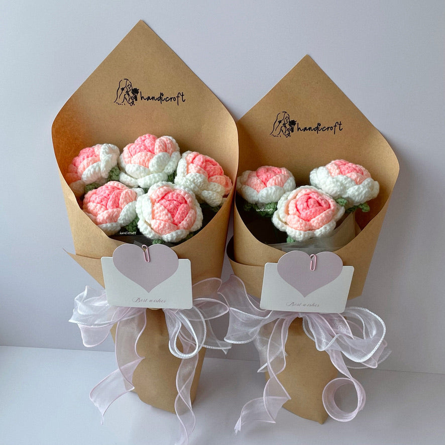 handicroft singapore handmade crochet ombre white pink roses flower bouquet limited time sale