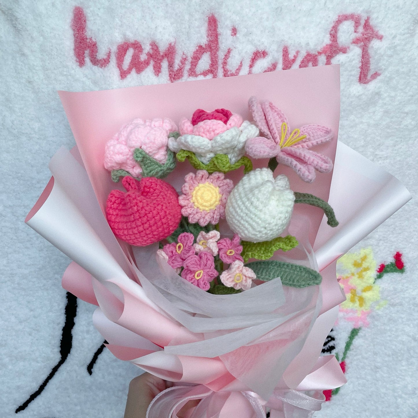 handicroft singapore handmade crochet pink flower bouquet bubblegum