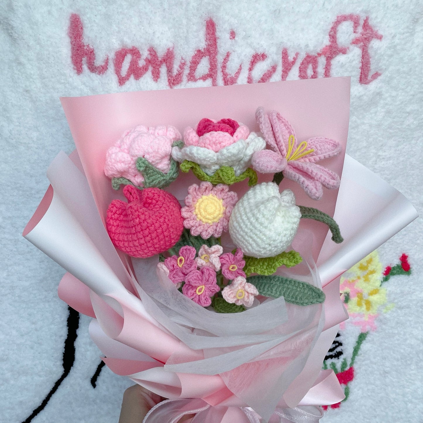 handicroft singapore handmade crochet pink flower bouquet bubblegum