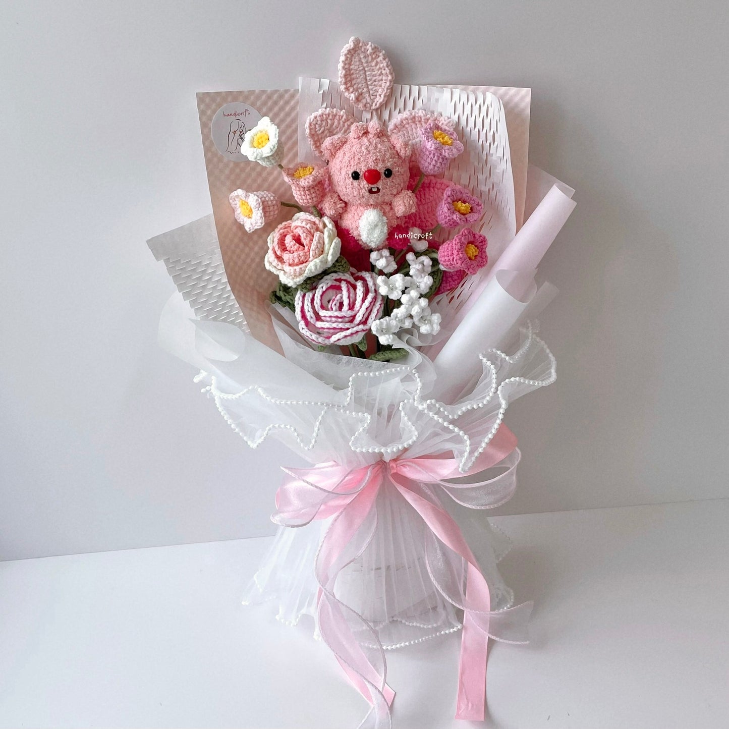 handicroft singapore handmade crochet pink white flower bouquet loopy character amigurumi loopy love