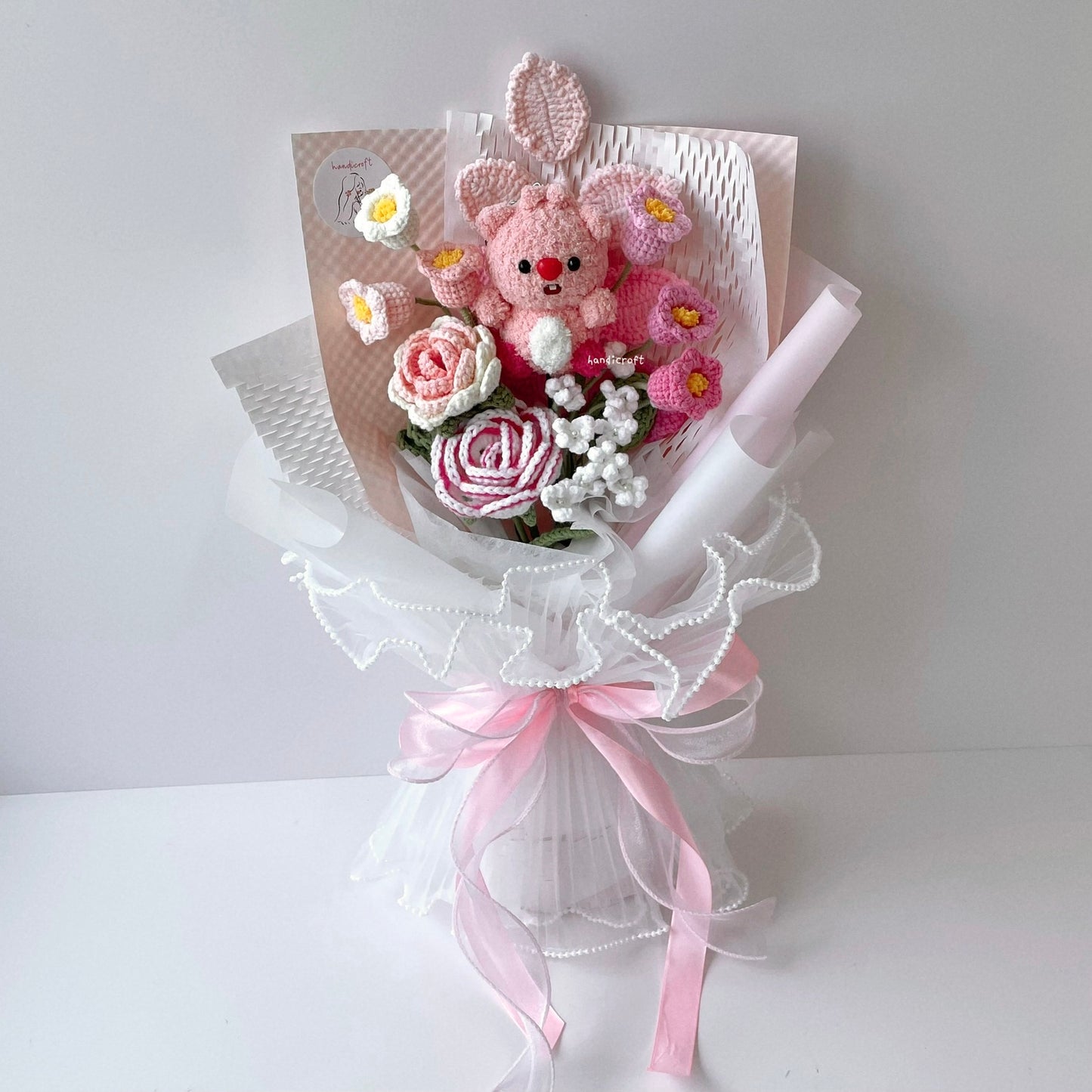handicroft singapore handmade crochet pink white flower bouquet loopy character amigurumi loopy love