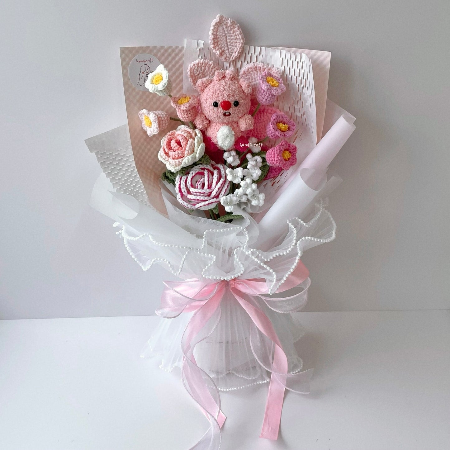 handicroft singapore handmade crochet pink white flower bouquet loopy character amigurumi loopy love
