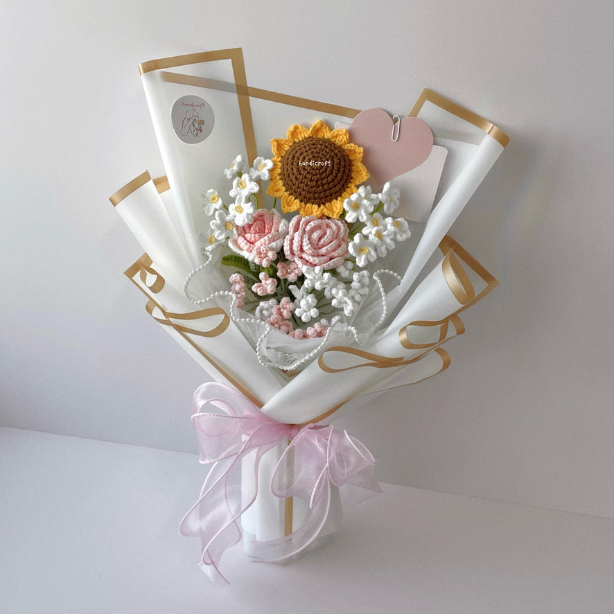 handicroft singapore handmade crochet pink & white flower bouquet sunflower blush