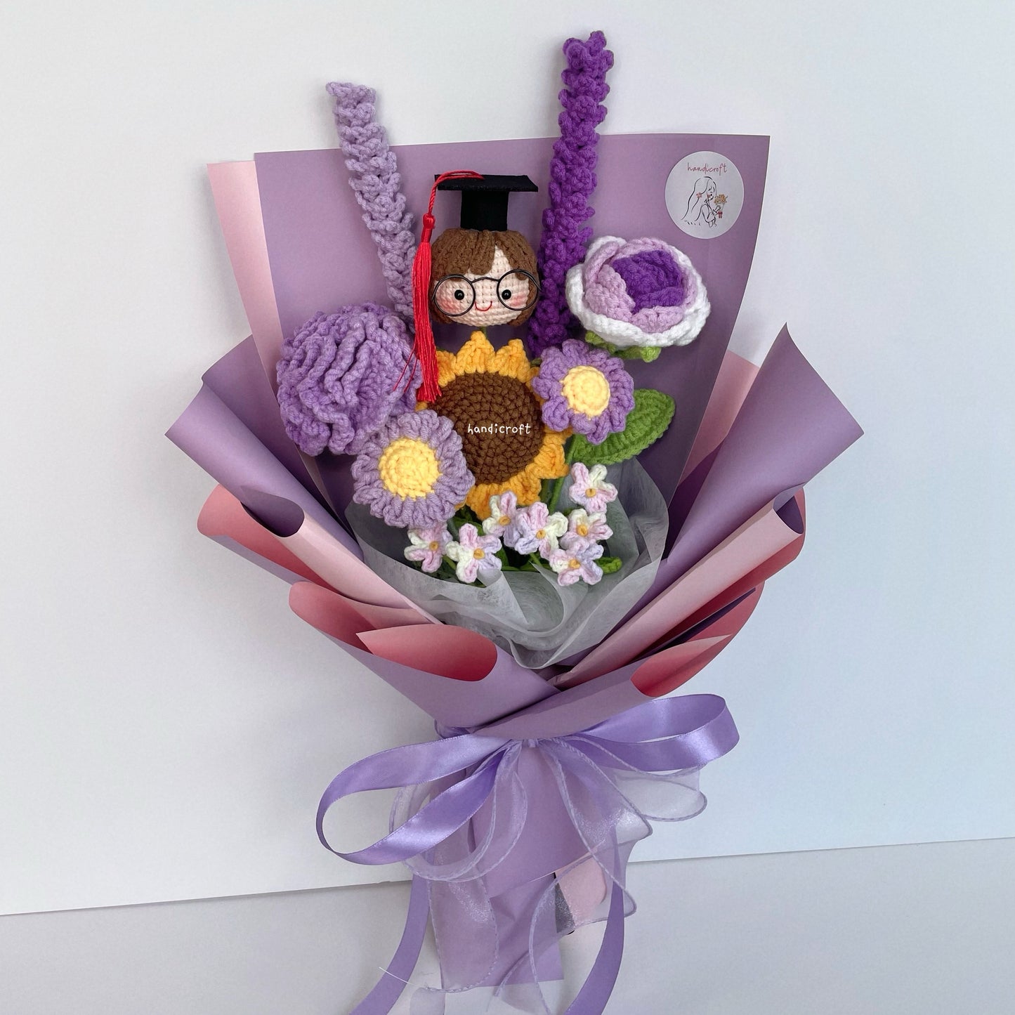 handicroft singapore handmade crochet purple graduation flower bouquet pur-fect grad