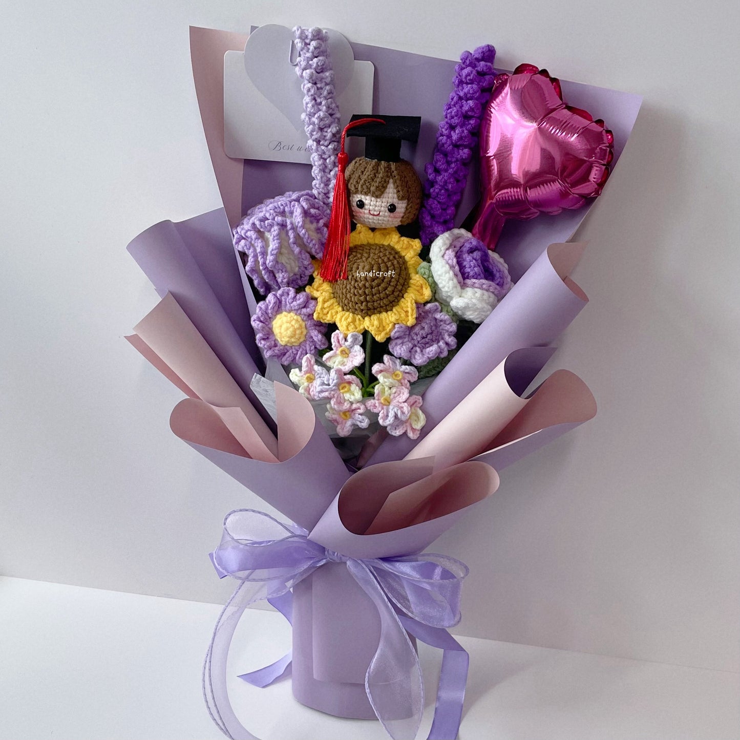 handicroft singapore handmade crochet purple graduation flower bouquet pur-fect grad