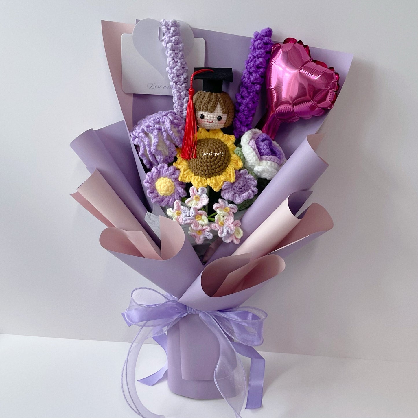 handicroft singapore handmade crochet purple graduation flower bouquet pur-fect grad