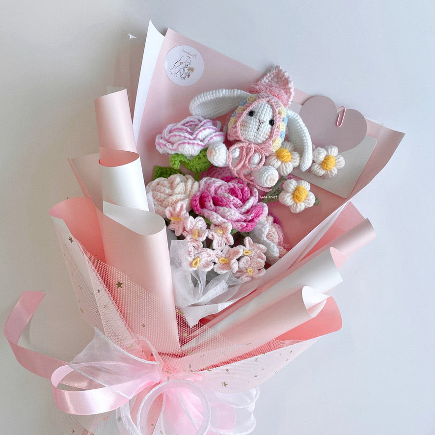 handicroft singapore handmade crochet rabbit flower bouquet sugar bunny blossoms in pink