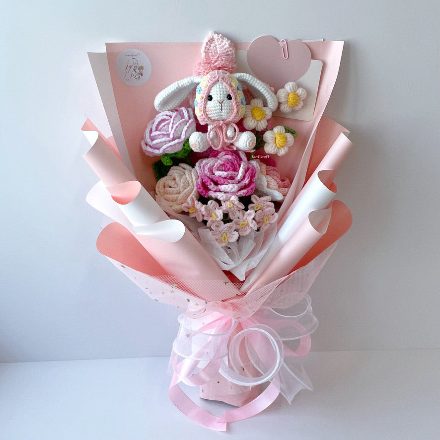 handicroft singapore handmade crochet rabbit flower bouquet sugar bunny blossoms in pink