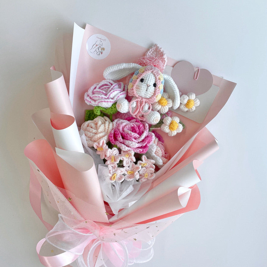 handicroft singapore handmade crochet rabbit flower bouquet sugar bunny blossoms in pink