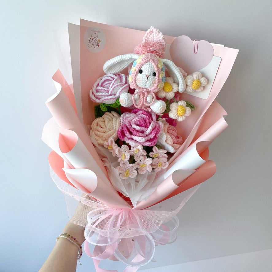 handicroft singapore handmade crochet rabbit flower bouquet sugar bunny blossoms in pink