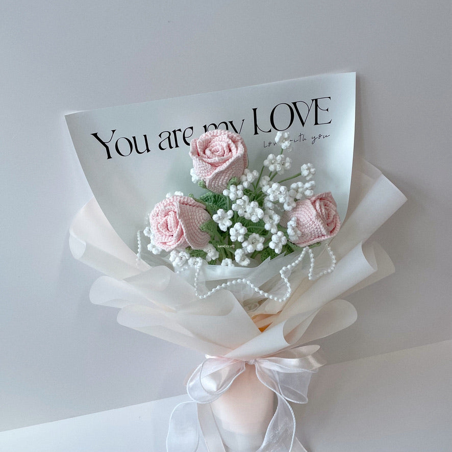 handicroft singapore handmade crochet rose flower bouquet sweet love 3 light pink roses