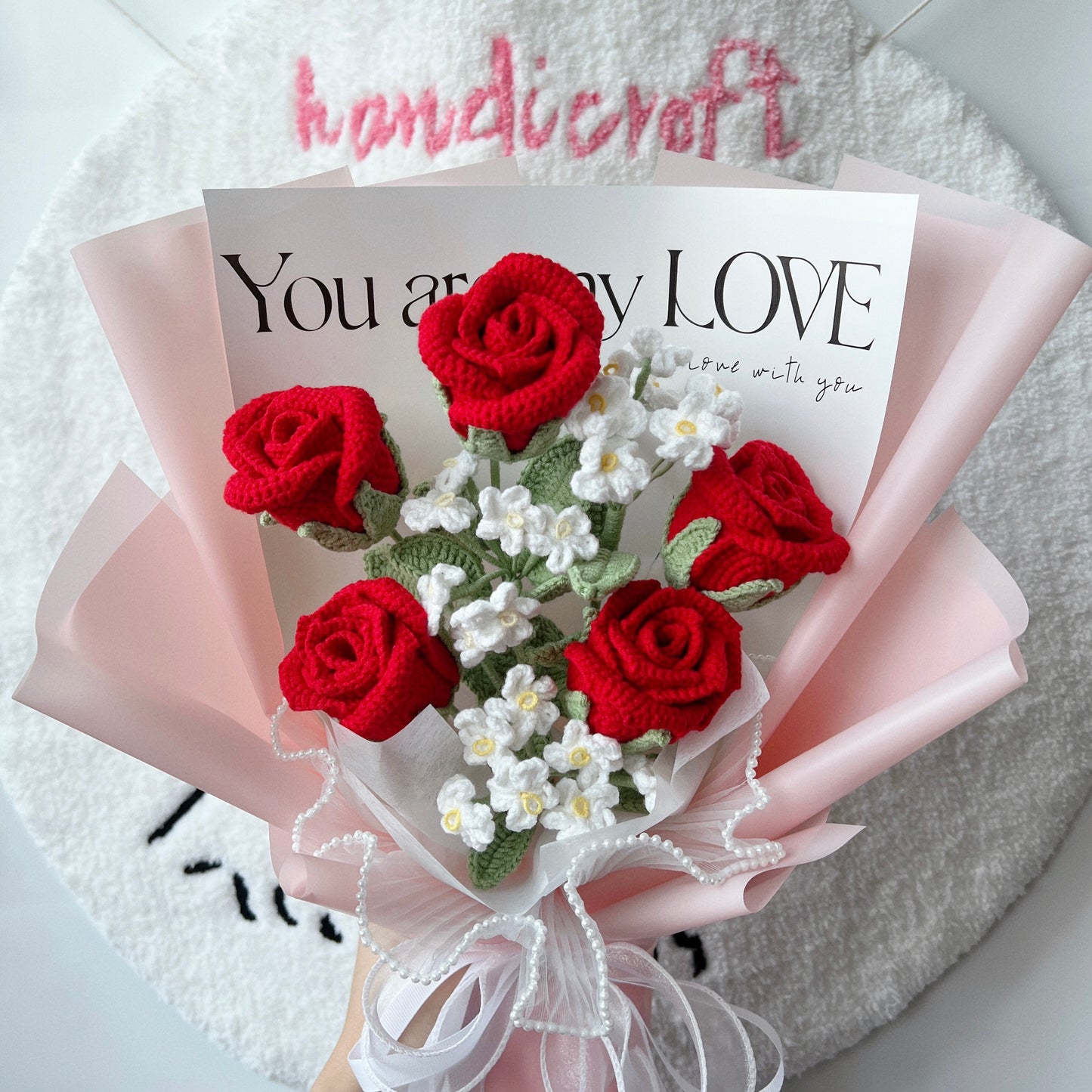 handicroft singapore handmade crochet rose flower bouquet sweet love 5 red roses