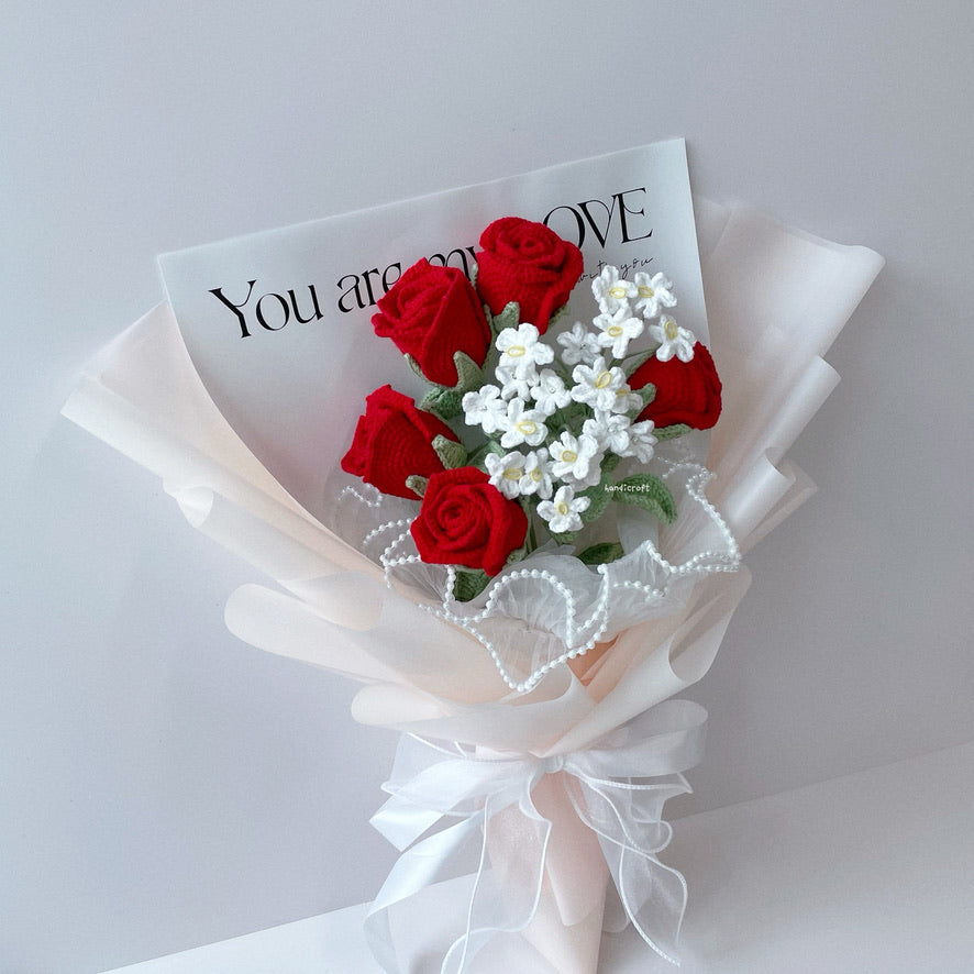 handicroft singapore handmade crochet rose flower bouquet sweet love 5 red roses