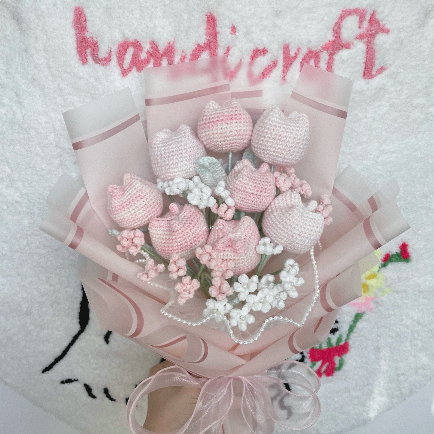 handicroft singapore handmade crochet special chubby tulip flower bouquet pastel pink white chubby charm
