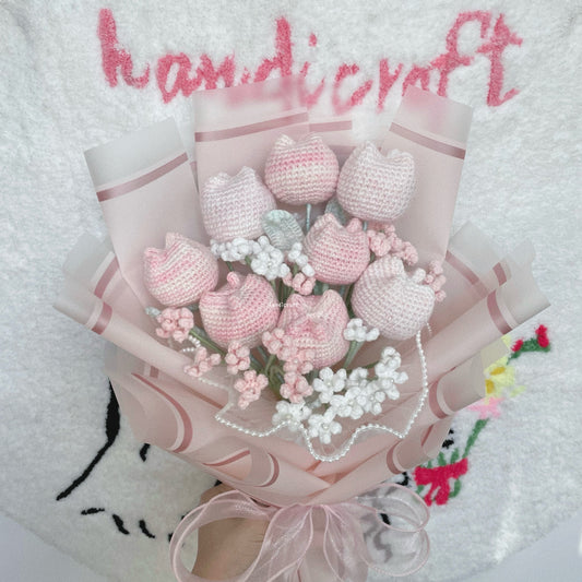 handicroft singapore handmade crochet special chubby tulip flower bouquet pastel pink white chubby charm